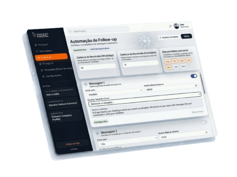 Tela original do SDR-IA com a configuração de follow-up automático e cadência de mensagens.