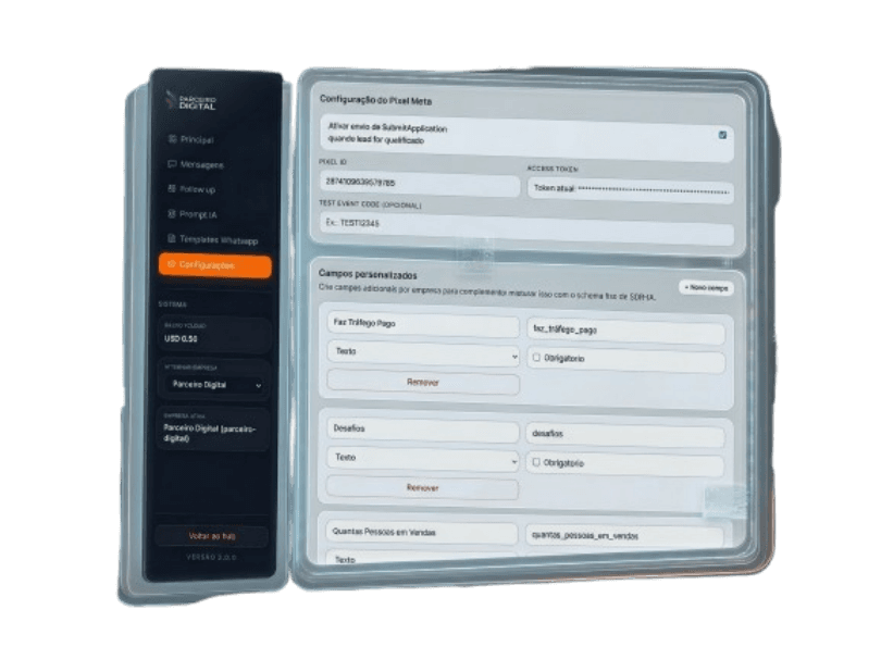 Tela original do SDR-IA com métricas operacionais, Pixel e configuração por empresa.